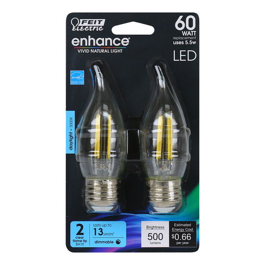 Dimmable LED Light Bulbs, E26, Medium Base, Flame Tip, Clear, Decorative Chandelier Bulb, CEC Compliant, 2Packs