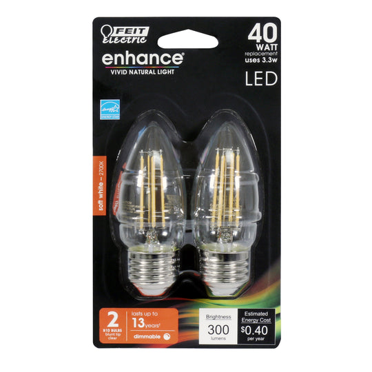 LED Light Bulbs, E12, Candelabra Base, Blunt Tip Filament, Clear, Decorative Chandelier Bulb, Torpedo, Flame, 2 Packs
