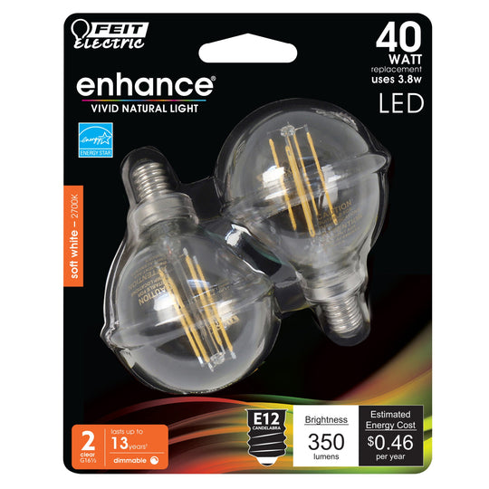 G25 Globe LED Light Bulbs, E26, Candelabra, Filament, Dimmable, Clear, Decorative Bulb, White, G161/2, 2 Pack