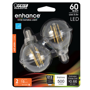 G25 Globe LED Light Bulbs, E26, Candelabra, Filament, Dimmable, Clear, Decorative Bulb, White, G161/2, 2 Pack