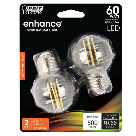 G25 Globe LED Lights Bulbs, E26, Filament, Dimmable, Decorative Bulb, G161/2, 2 Pack
