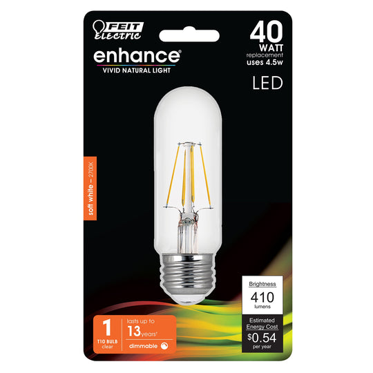 LED Light Bulb, 40W, E26, T10 Tubular, Filament , Medium Base, Clear, 410 Lumens, CEC Compliant