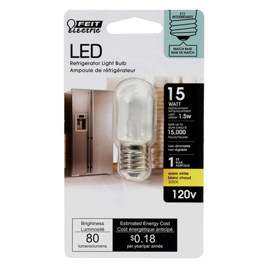 T7 LED Light Bulb, 15W, E17 Base, Intermediate, 3000K, 80 Lumens, Refrigerator and Indicator bulb