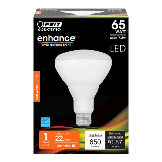 BR30 LED Light Bulb, 7.2 Watts, E26, Dimmable, Soft White, 650 lumens, 2700K