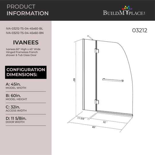 Ivanees 60" High x 45" Wide Hinged Frameless French shower & Tub Glass Door