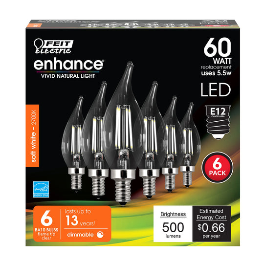 LED Light Bulbs, Candelabra Base, E12, Dimmable, Decorative Chandelier Bulb, Filament Clear Glass, 6 Pack