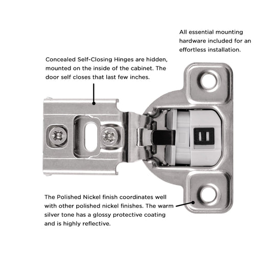Hinge Concealed 1/4 Inch Overlay Face Frame Self-Close in Polished Nickel (2 Hinges/Per Pack) - Hickory Hardware