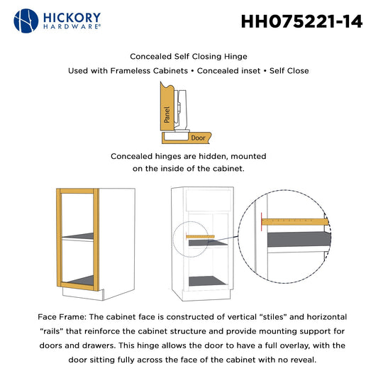 Hidden Cabinet Hinges Full Overlay Frameless Self-Close (2 Hinges/Per Pack) in Polished Nickel - Hickory Hardware