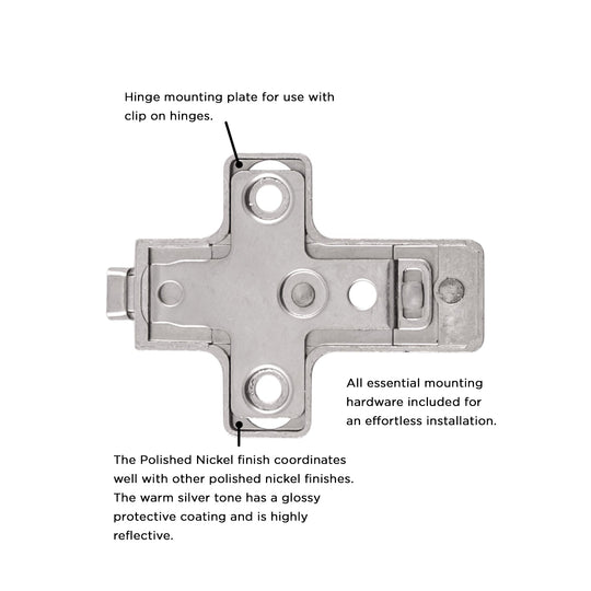 Hinge Concealed Frameless Self-Close Mounting Plate 0 mm (2 Hinges/Per Pack) in Polished Nickel - Hickory Hardware