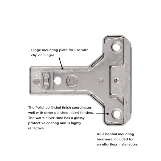 Hinge Concealed Face Frame Self-Close Mounting Plate 1 mm (2 Hinges/Per Pack) in Polished Nickel - Hickory Hardware