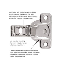 Load image into Gallery viewer, Hinge Concealed 1/2 Inch Overlay Face Frame Soft Close (2 Hinges/Per Pack) Polished Nickel - Hickory Hardware