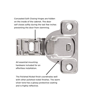 Hinge Concealed 1/2 Inch Overlay Face Frame Soft Close (2 Hinges/Per Pack) Polished Nickel - Hickory Hardware