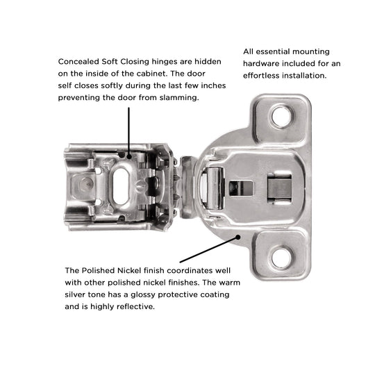 Hinge Concealed 1-1/4 Inch Overlay Face Frame Soft Close (2 Hinges/Per Pack) in Polished Nickel- Hickory Hardware