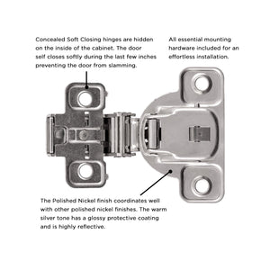 Hinge Concealed 1-3/8 Inch Overlay Face Frame Soft Close (2 Hinges/Per Pack) Polished Nickel - Hickory Hardware