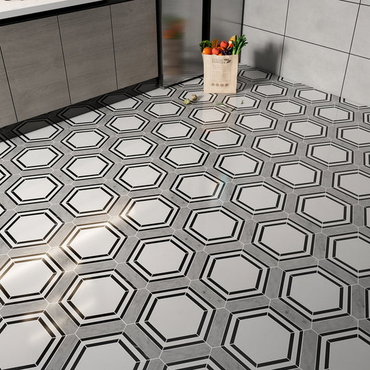 14 X 16 in. Carrara picket & Black Line Thassos Hexagon Waterjet Marble Mosaic Tile