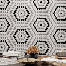 Load image into Gallery viewer, 1 in. Hexagon Morocan Pattern White/Grey/Black Polished Marble Mosaic
