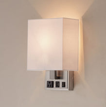 Load image into Gallery viewer, 1-Light, Decorative Wall Sconces Fixtures, Satin Nickel Finish with White shade, Dimension: W7&quot;xD4&quot;xH11&quot;, 1 usb,1 switch and 1 outlet