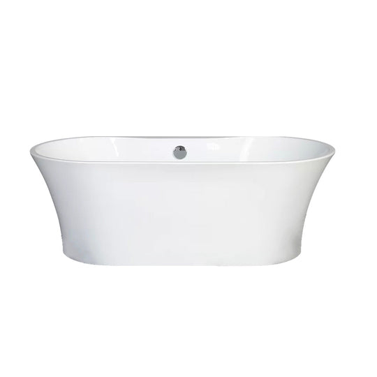 Crystal 59 In. Oval Acrylic Freestanding Soaking Bathtub in Glossy White Chrome-Plated Center Drain & Overflow Cover
