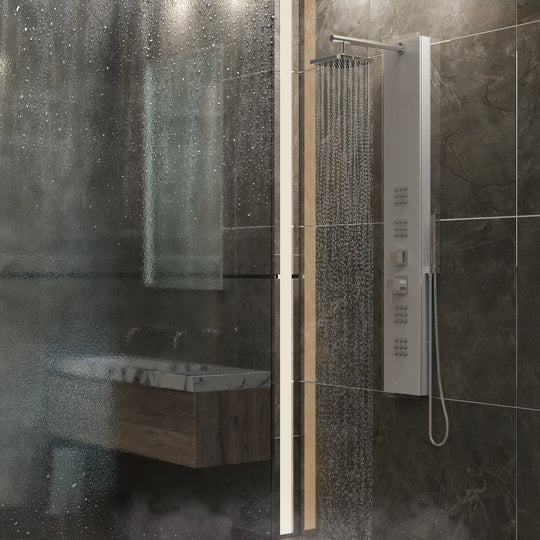 59 in 4-Jet White Glass Shower Panel System With Adjustable Rainfall Shower Head & Handheld Shower, Self-Cleaning & Jet Massage Feature