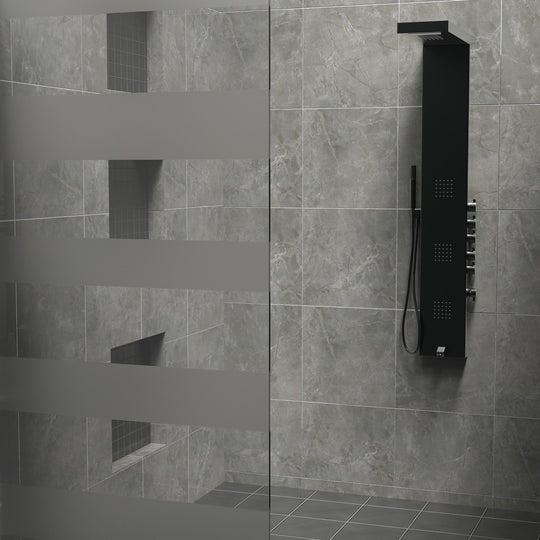 55 in. 3-Jet Stainless Steel Matte Black Shower Panel System with Fixed Rainfall & Waterfall Shower Head, Tub Spout & Handheld Shower, Self-Cleaning & Jet Massage Feature