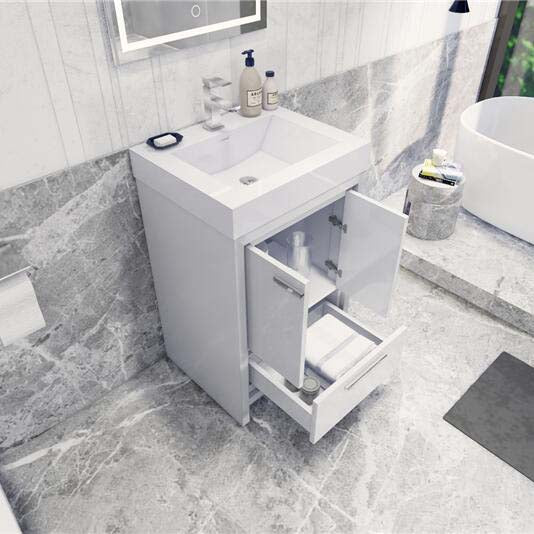Modern Ashley Freestanding Bathroom Vanity With Acrylic Single Sink, 2 Door & Drawer