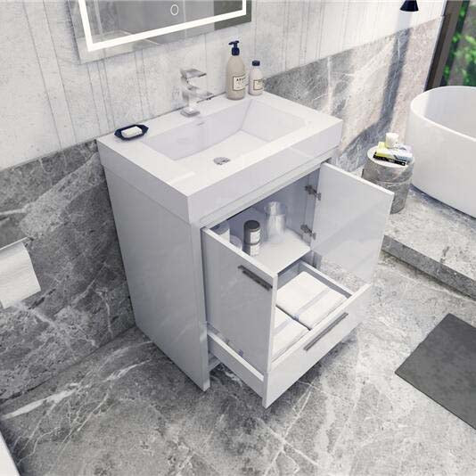 Modern Ashley Freestanding Bathroom Vanity With Acrylic Single Sink, 2 Door & Drawer