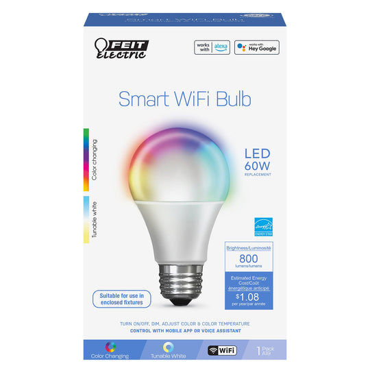 A19 LED Smart Wifi Bulb, 9 Watt, A-19 Shape, RGBW, Google/Alexa, Bulb,2700K-6500K,800 Lumens