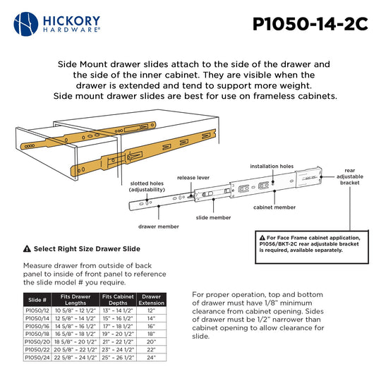 Drawer Slide Side Mount Full Extension 12 Inch (2 Pack) - Hickory Hardware