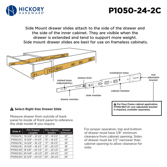 Drawer Slide Side Mount Full Extension 12 Inch (2 Pack) - Hickory Hardware