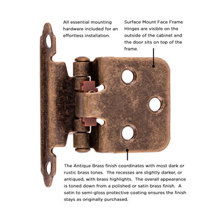 Flush Cabinet Hinges Surface Face Frame Self-Close (2 Hinges/Per Pack) in Antique Brass - Hickory Hardware