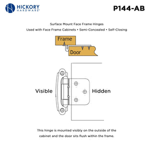 Flush Cabinet Hinges Surface Face Frame Self-Close (2 Hinges/Per Pack) in Antique Brass - Hickory Hardware
