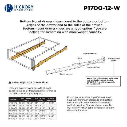 Drawer Slide Bottom Mount 3/4 Extension 12 Inch - Hickory Hardware