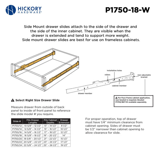 Drawer Slide Side Mount 3/4 Extension 12 Inch - Hickory Hardware