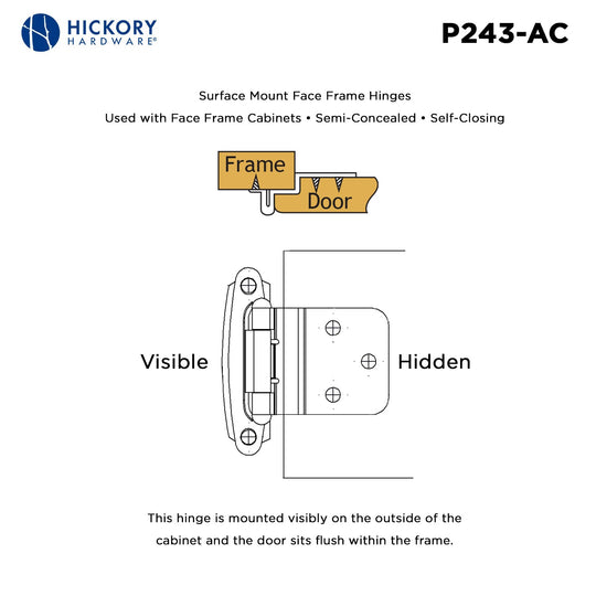 Door Hinges 3/8 Inch Inset Surface Face Frame Self-Close (2 Hinges/Per Pack) - Hickory Hardware -