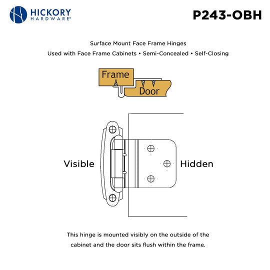 Door Hinges 3/8 Inch Inset Surface Face Frame Self-Close (2 Hinges/Per Pack) - Hickory Hardware -