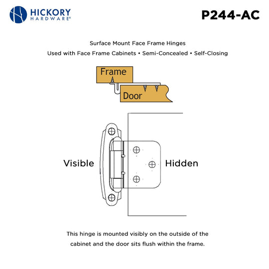 Cabinet Hinge Flush Surface Face Frame Self-Close (2 Hinges/Per Pack) - Hickory Hardware
