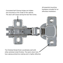 Load image into Gallery viewer, Concealed Hinge Full Overlay Frameless Self-Close in Polished Nickel - Hickory Hardware