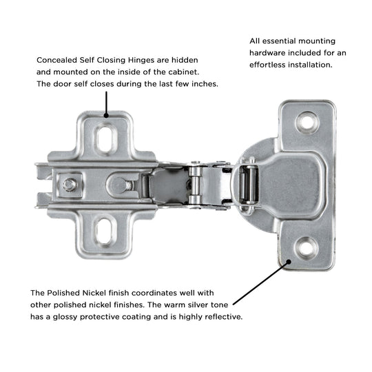 Hinge Concealed Full Inset Frameless Self-Close in Polished Nickel - Hickory Hardware