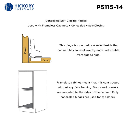 Hinge Concealed Full Inset Frameless Self-Close in Polished Nickel - Hickory Hardware