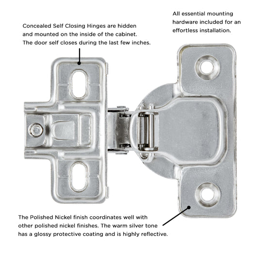 Hinge Concealed 1/2 Inch Overlay Face Frame Self-Close in Polished Nickel - Hickory Hardware