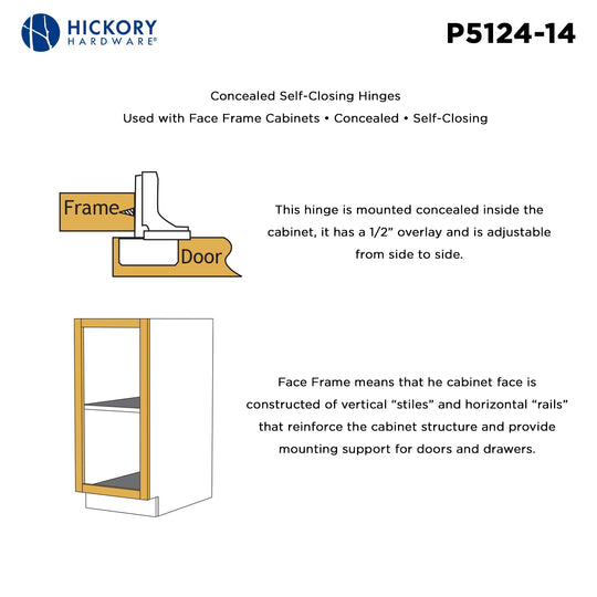 Hinge Concealed 1/2 Inch Overlay Face Frame Self-Close in Polished Nickel - Hickory Hardware