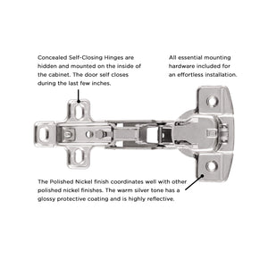 Concealed Hinge 1/2 Inch Overlay Face Frame Self-Close in Polished Nickel - Hickory Hardware