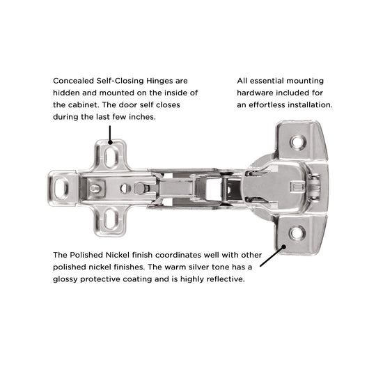 Concealed Hinge 1/2 Inch Overlay Face Frame Self-Close in Polished Nickel - Hickory Hardware