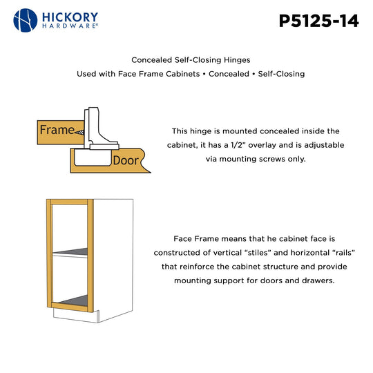 Concealed Hinge 1/2 Inch Overlay Face Frame Self-Close in Polished Nickel - Hickory Hardware