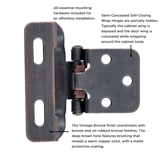 Semi Concealed Cabinet Hinges 1/2 Inch Overlay Face Frame Full Wrap Self-Close (2 Hinges/Per Pack) - Hickory Hardware