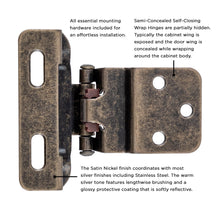 Load image into Gallery viewer, Self Closing Hinge Semi-Concealed 3/8 Inch Inset 1/4 Inch Overlay Face Frame Part Wrap Self-Close (2 Hinges/Per Pack) - Hickory Hardware