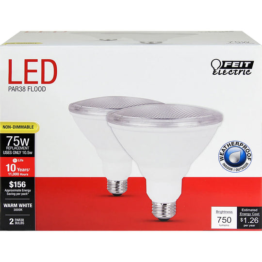 PAR38 LED Light Bulbs, 10.5 Watts, E26, Weatherproof, Non-Dimmable, 750 lumens