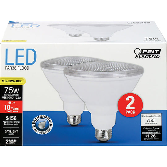 PAR38 LED Light Bulbs, 10.5 Watts, E26, Weatherproof, Non-Dimmable, 750 lumens