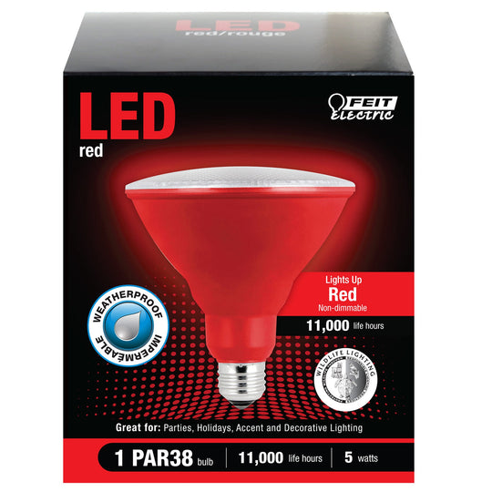 PAR38 Red LED Light Bulb, 5 Watts, E26, Weatherproof, Red Reflector, Party and Decorative Lighting