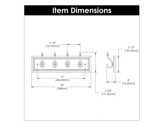 4 Coat & Hat Hook Rail 20 Inch Long - Hickory Hardware